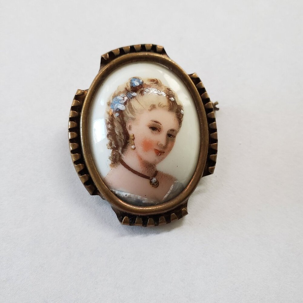 Vintage Limoges France Porcelain Lady Oval Brooch Pin